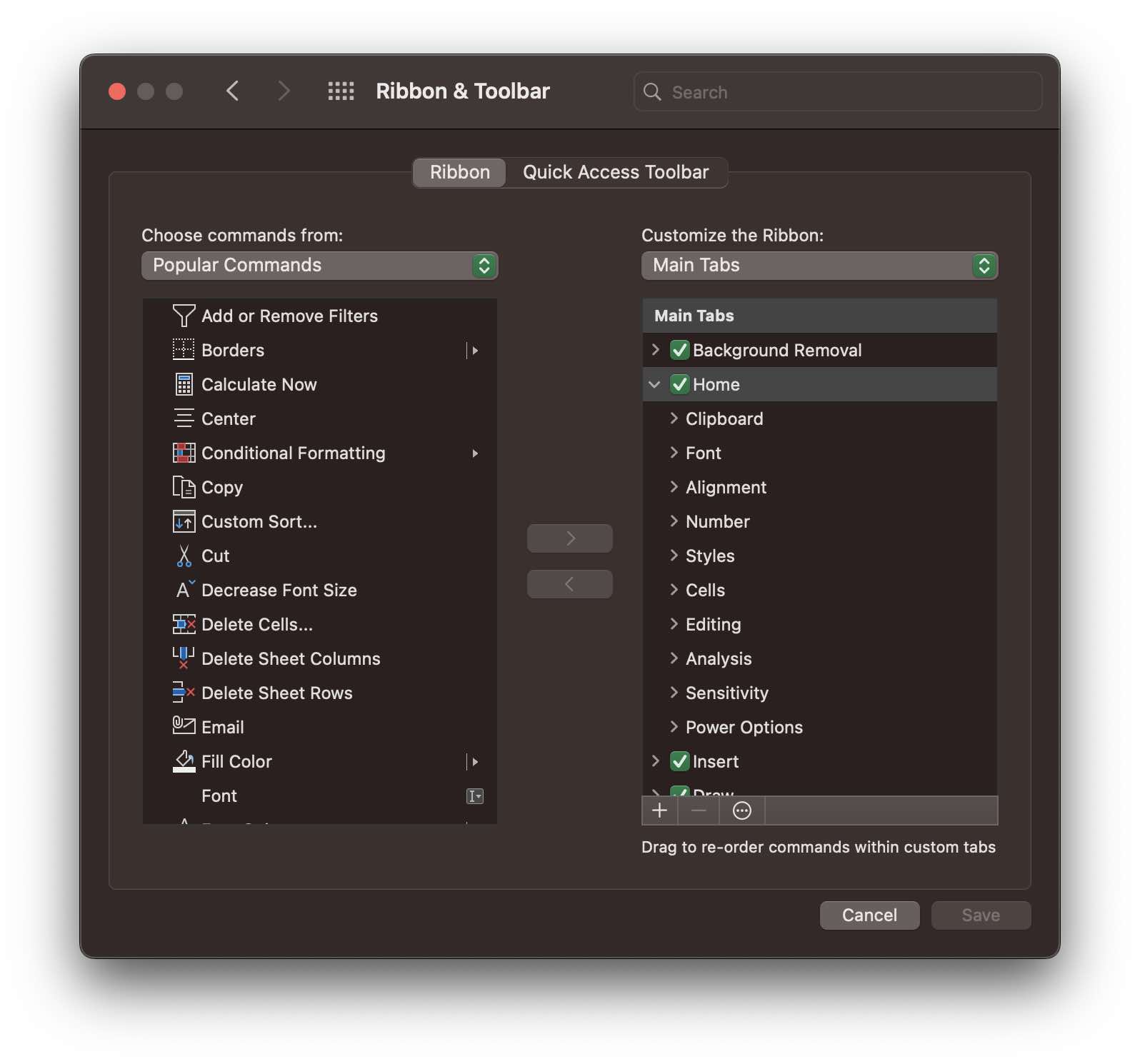 Ribbon Tab - Excel on Mac Customization